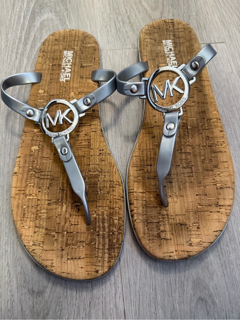 Michael Kors Silver MK Logo Cork Footbed Thong Sandals